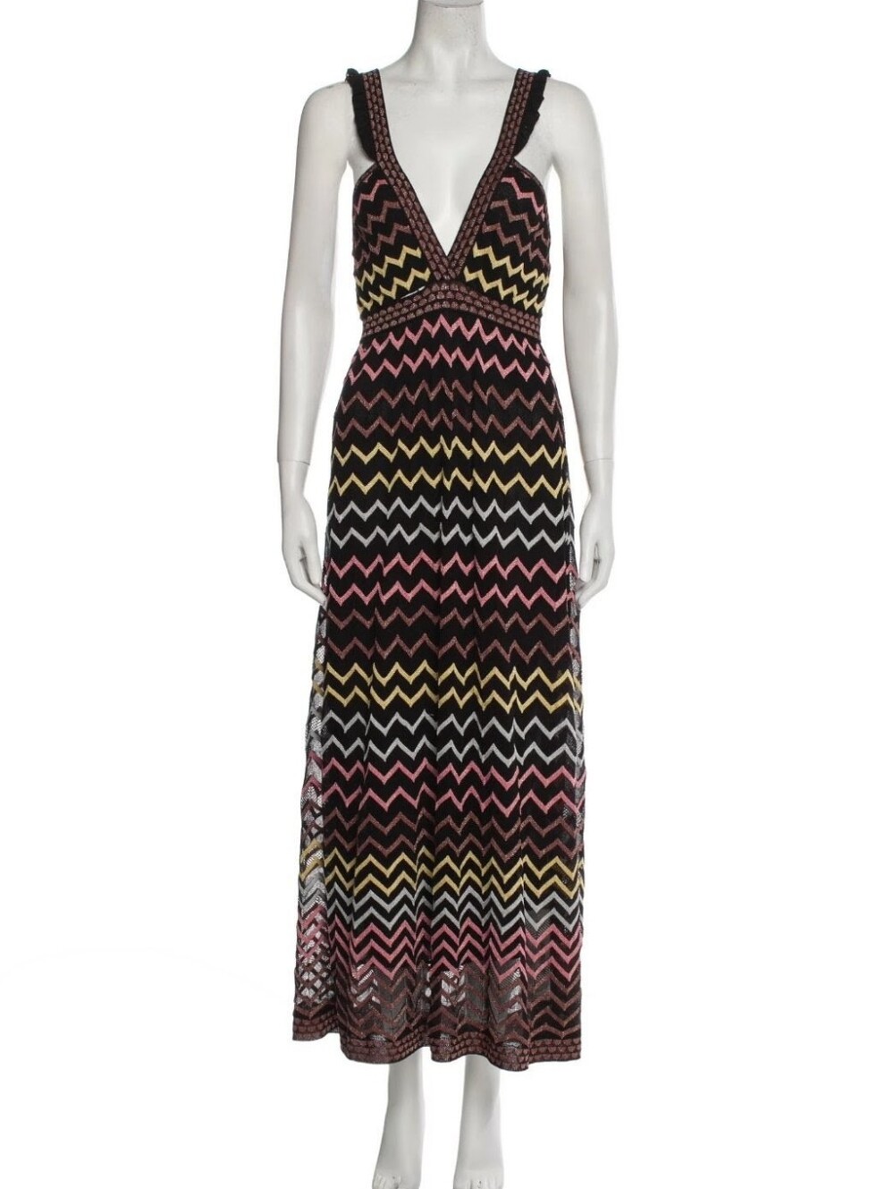 Missoni Black Chevron Maxi Dress with Pink & Yellow Zigzags - Size 38